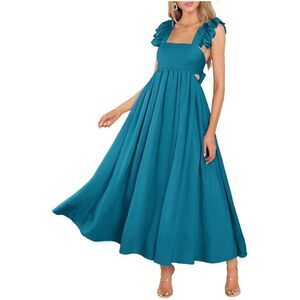 NEW Flutter Sleeve Square Neck Tie Back A-Line Maxi Dress Pocket M